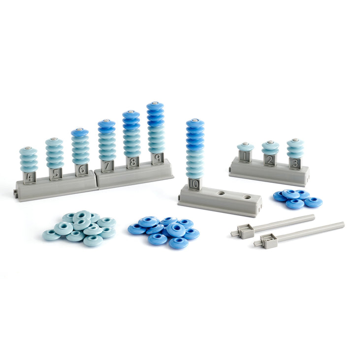 Counting rods and gradient blue discs in various quantities, shown with detachable parts for customizable early math and number recognition activities.