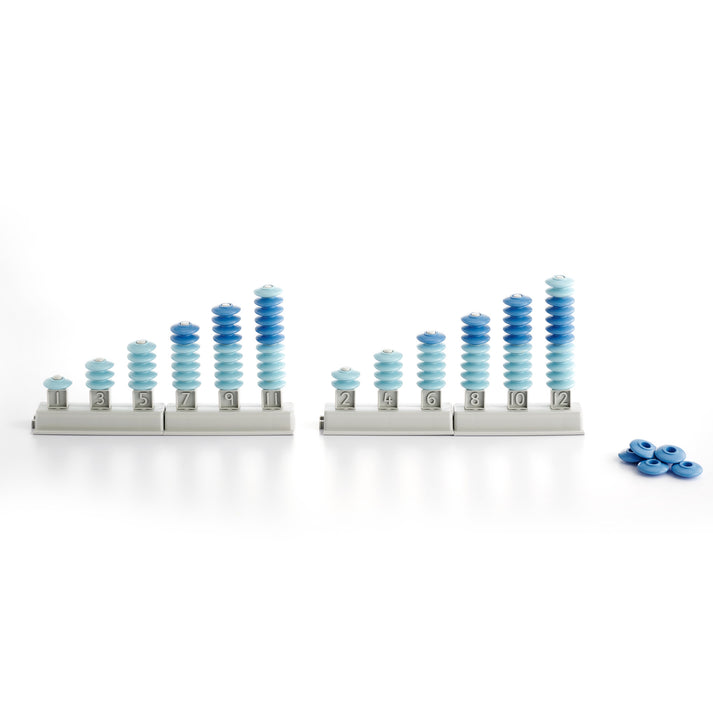 Blue gradient stacking rings placed on numbered rods for early math and counting activities, showing values from 1 to 12 for visual quantity comparison and number recognition.