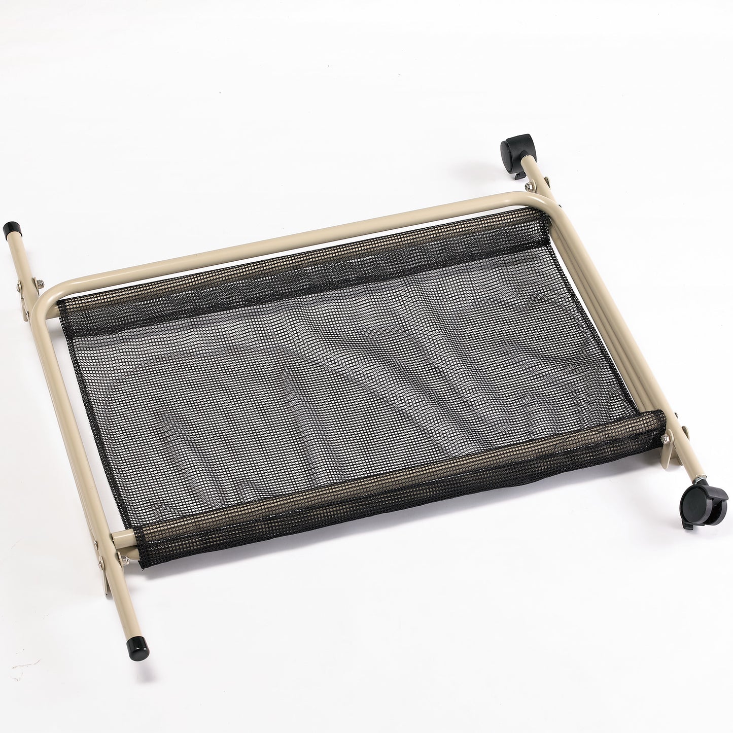 Folded Desk Top Water Tray Stand with nylon shelf and caster wheels, shown in compact storage position on white background.