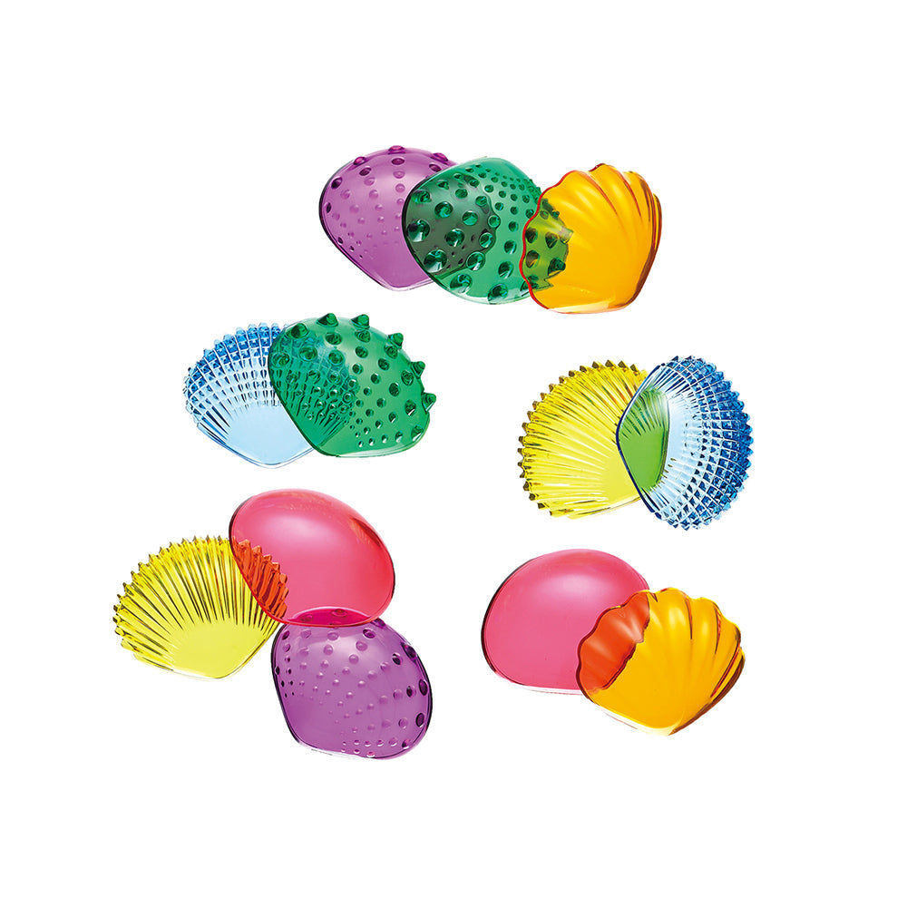 Set of colorful transparent tactile shells by Edx Education, each with a unique textured surface to help young children distinguish both color and touch sensations.
