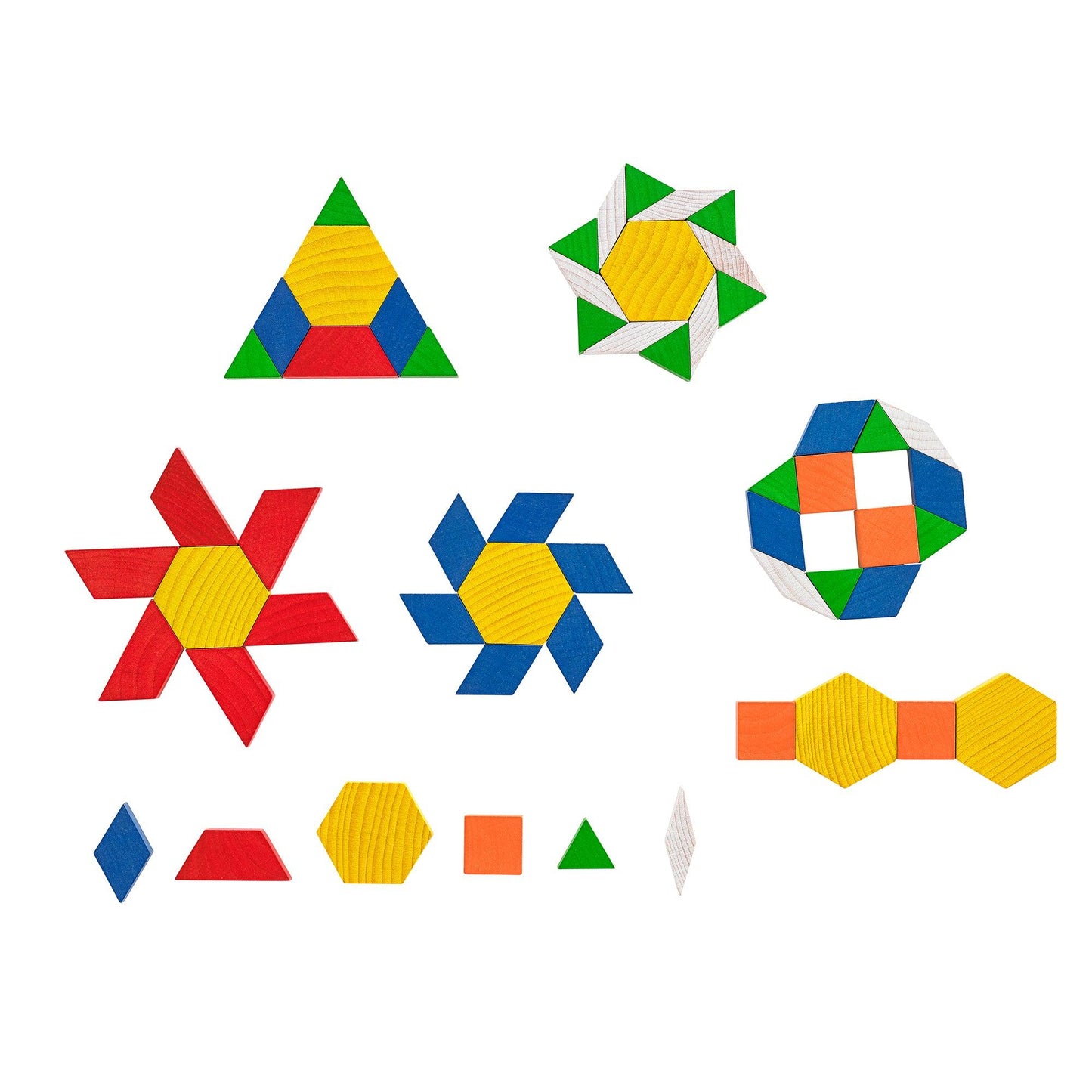 Creative geometric patterns and symmetry created with Edx Education Pattern Blocks for STEAM learning.