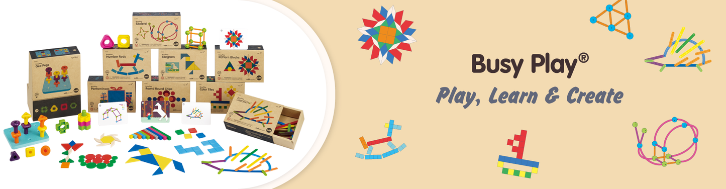 Children playing with travel-friendly Busy Play kits including Rainbow Pebbles and Linking Cubes during a family summer holiday.