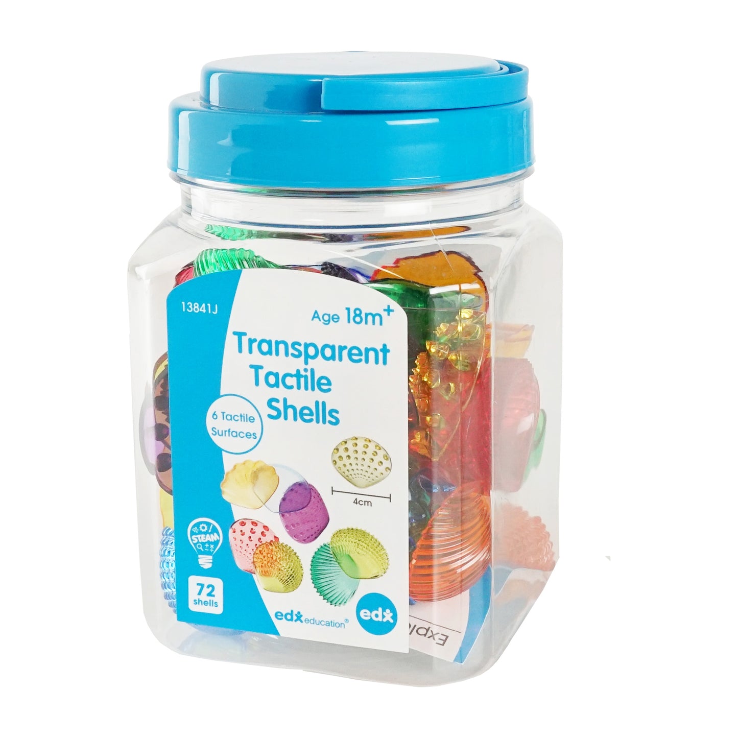 Jar of Edx Education Transparent Tactile Shells, featuring 72 colorful shells with 6 tactile surface types, suitable for children aged 18 months and above.