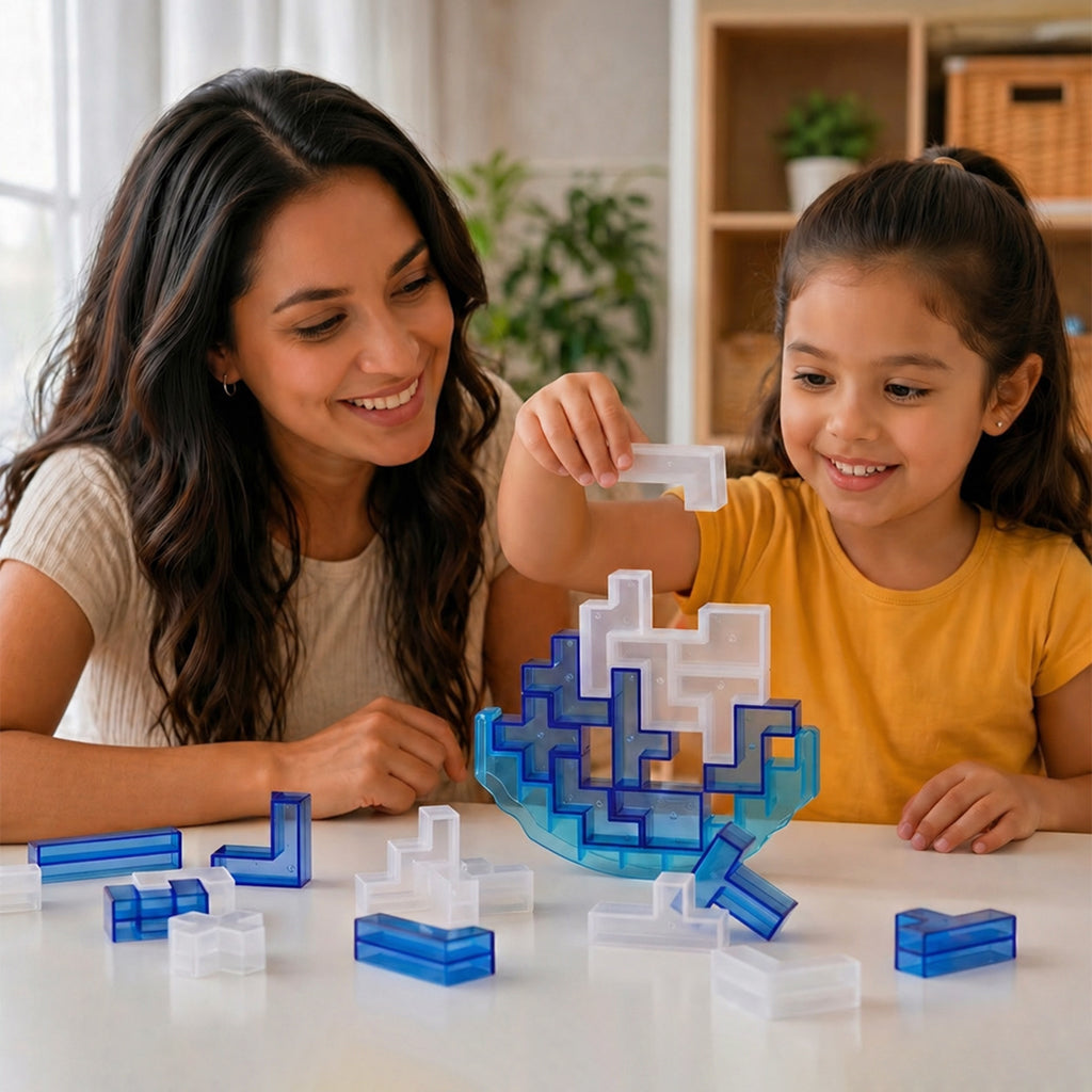A woman and a young girl smile while building a translucent blue and white block structure together at a white table. The girl holds up a small translucent white block.