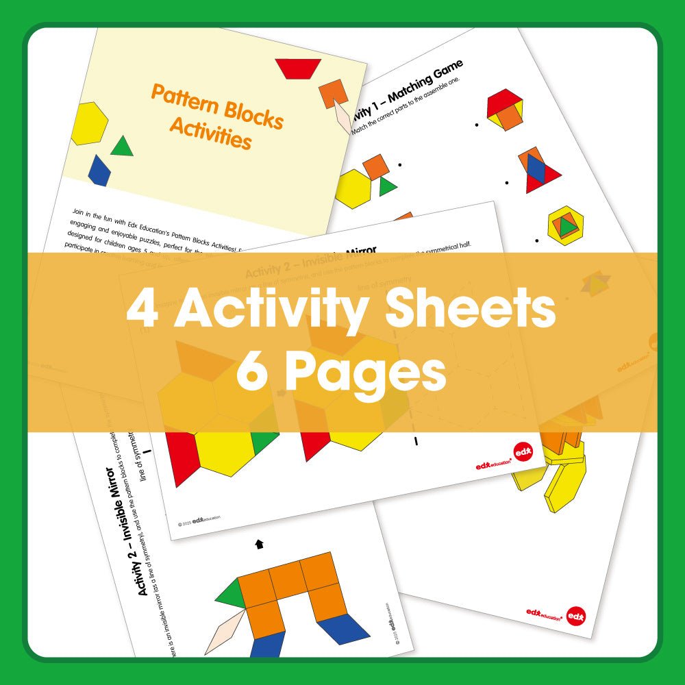 Edx Education Pattern Blocks family activities showing a child using pattern blocks with printable activity sheets to support early maths and spatial skills