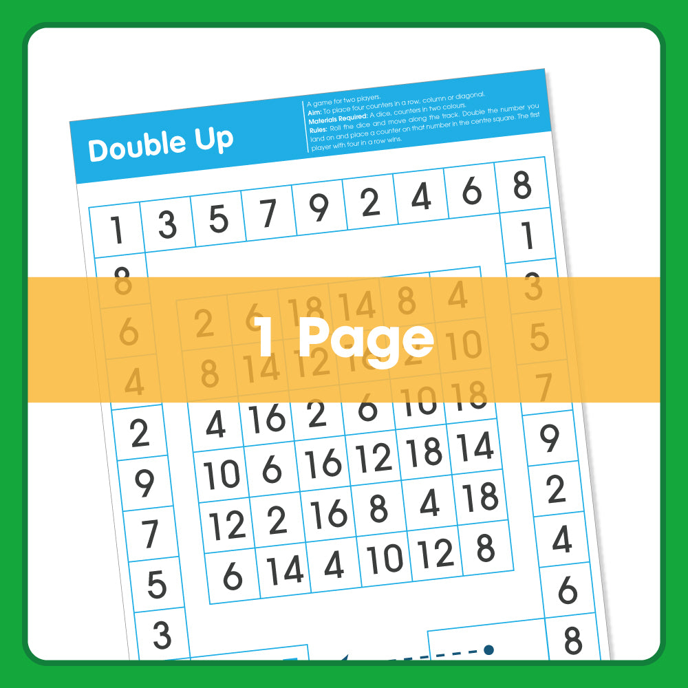 Edx Education Double Double Up printable maths board game showing number grid for practising multiplication and strategic thinking-2