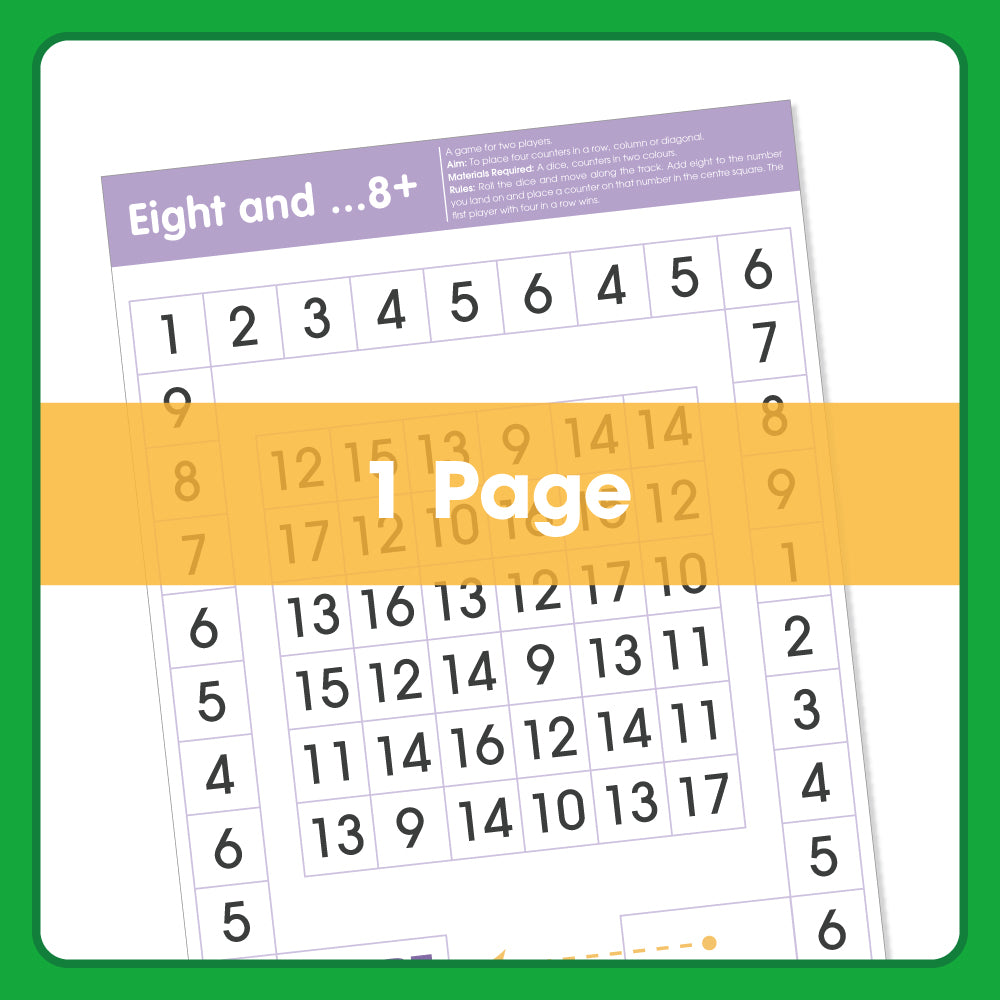 Edx Education Eight and 8+ printable maths board game showing number grid to practise addition, number bonds and mental maths-2