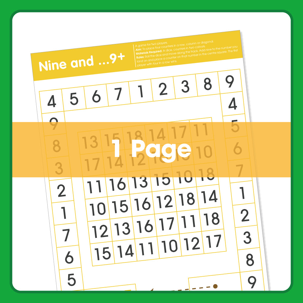Edx Education Nine and 9+ printable maths board game showing number grid to practise addition, number patterns and mental maths-2