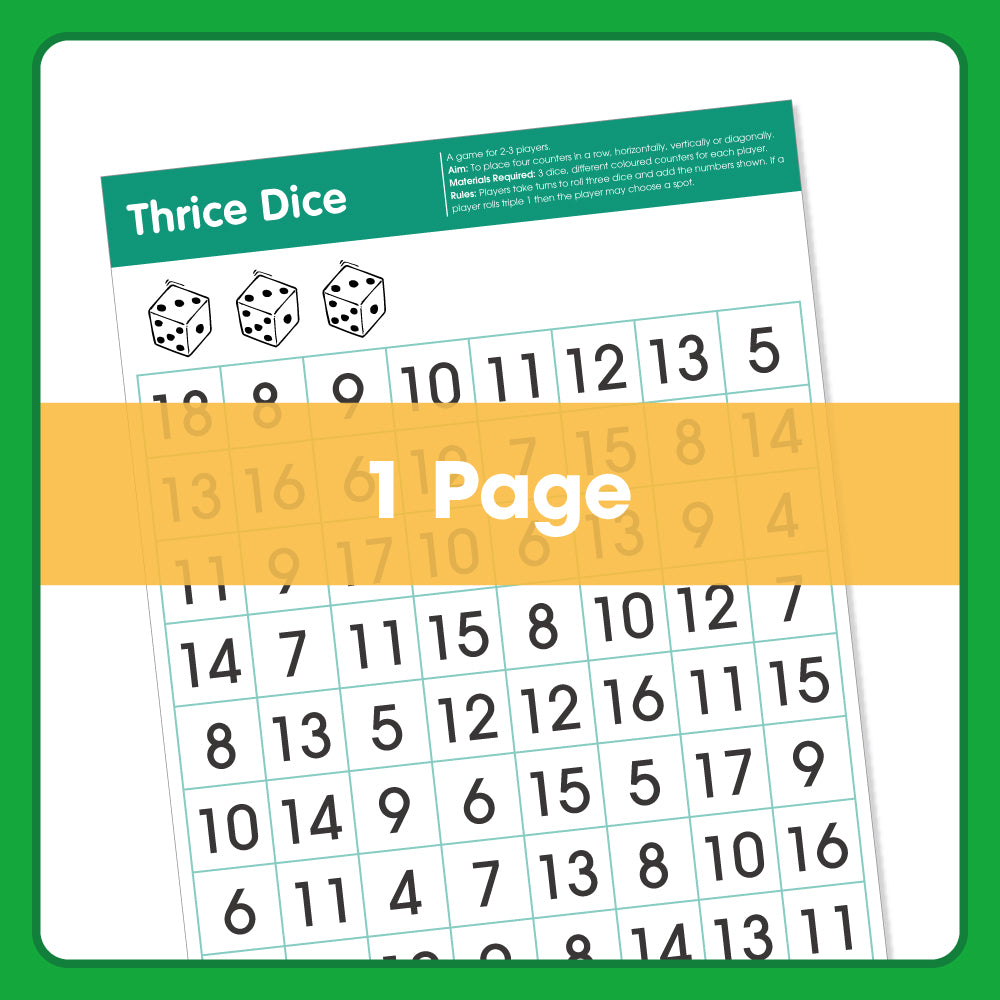 Edx Education Thrice Dice printable maths board game showing dice-based number grid for practising addition and mental maths-2
