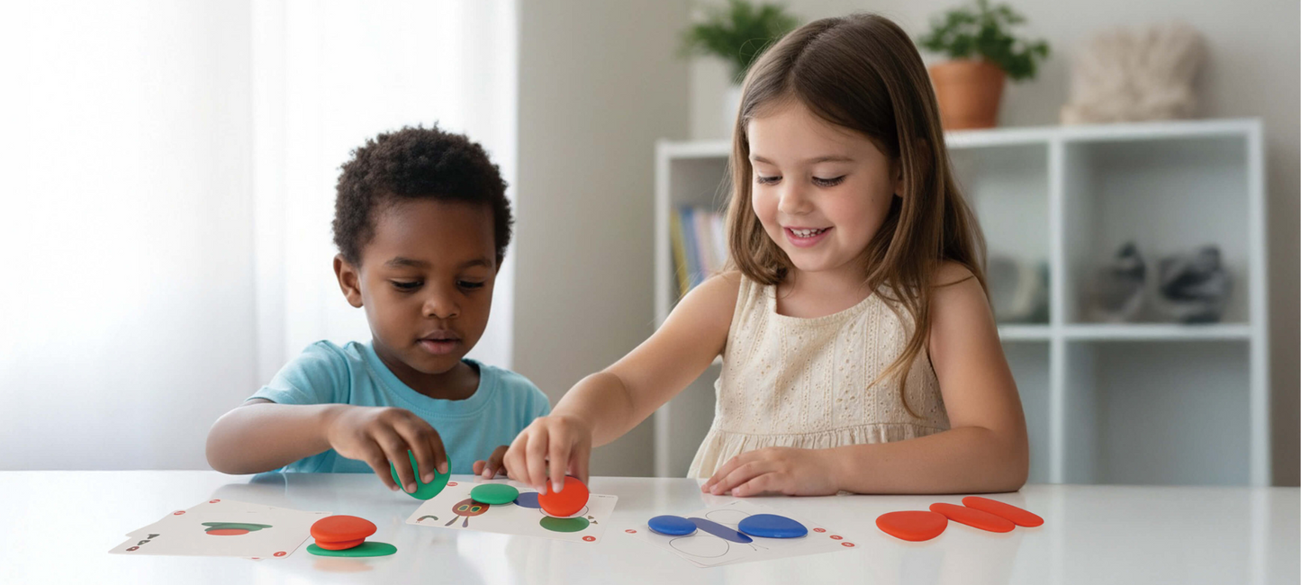 Two young children playing with Edx Education x The Very Hungry Caterpillar My First Range tactile learning toys, promoting early childhood development and fine motor skills through hands-on activity cards.