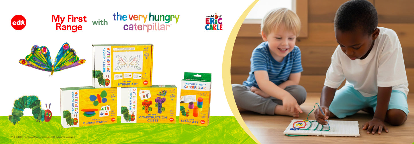 Edx Education My First Range with The Very Hungry Caterpillar banner showing children playing with early learning toys to support sensory play and early development