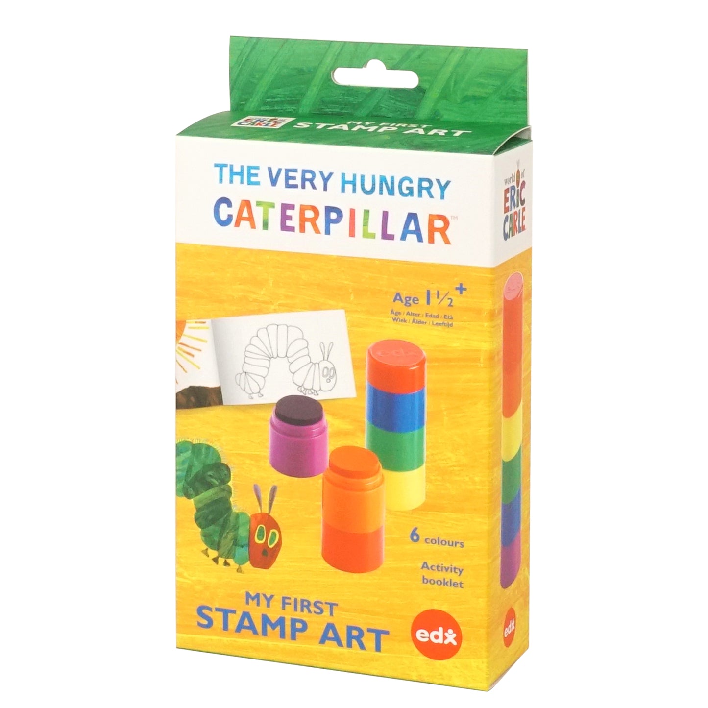 Packaging of 'The Very Hungry Caterpillar: My First Stamp Art' kit by edx, showing six colorful stampers and a drawing activity booklet for children aged 18moths+.