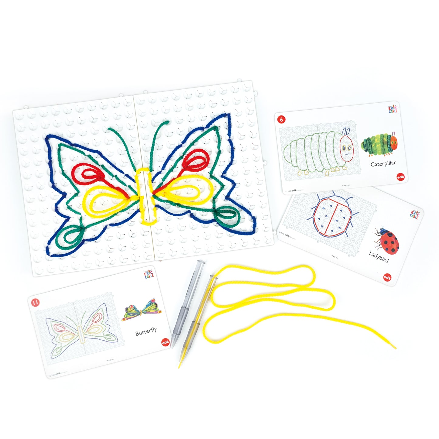 The Very Hungry Caterpillar My First String Art by EDX Education, featuring a butterfly string design and showing included components like laces, activity cards, and baseboards for children aged 3+.