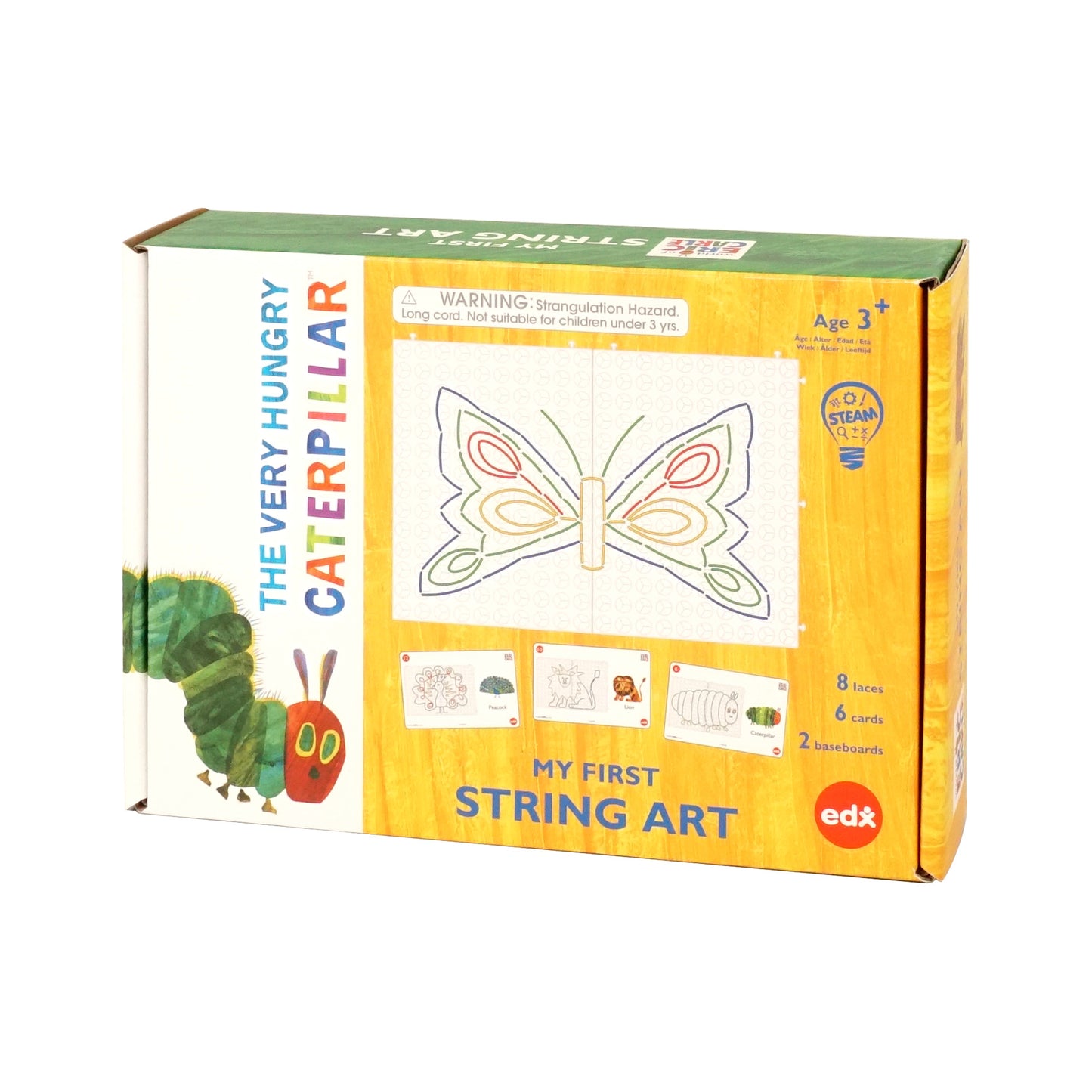 The Very Hungry Caterpillar My First String Art by EDX Education, featuring a butterfly string design and showing included components like laces, activity cards, and baseboards for children aged 3+.