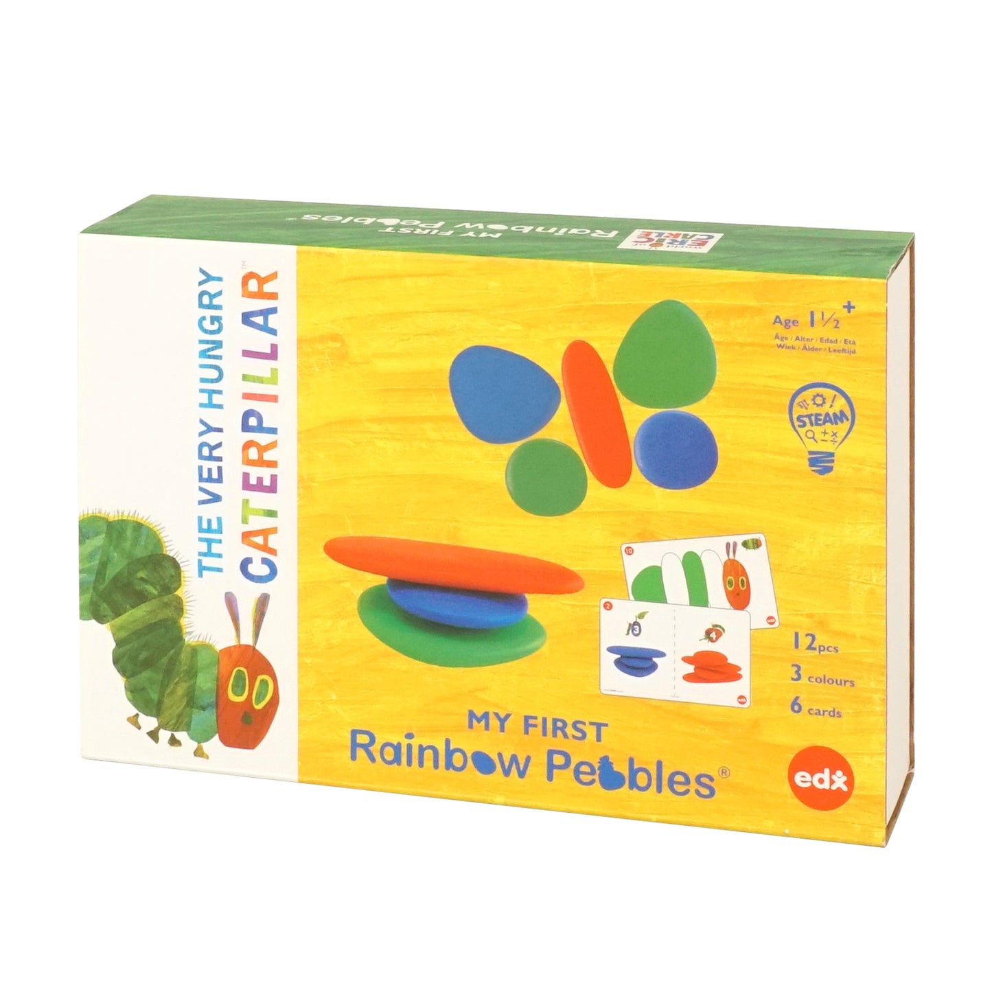 Box of 'The Very Hungry Caterpillar: My First Rainbow Pebbles' by edx, featuring colorful pebble pieces, activity cards, and STEAM learning benefits for children aged 18 months+.