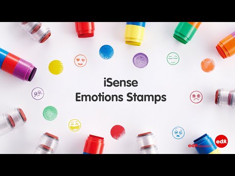 Colorful stamp markers and printed emotion faces surrounding the title 'iSense Emotions Stamps' by edx education, promoting emotional and self-awareness development.