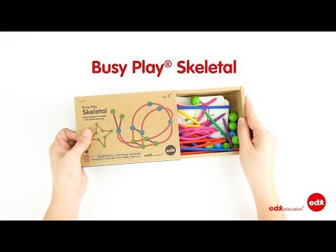 Busy Play Skeletal STEM kit by Edx Education, including colorful rods and connectors for exploring geometric concepts, spatial reasoning, and creative building activities.