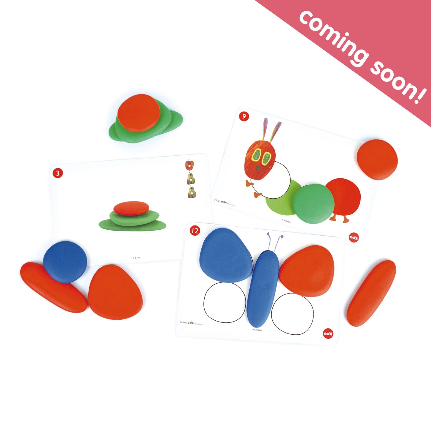 The Very Hungry Caterpillar™ My First Rainbow Pebbles® – Coming Soon! Includes colorful stacking pebbles and activity cards featuring The Very Hungry Caterpillar™ illustrations for creative early learning and play.