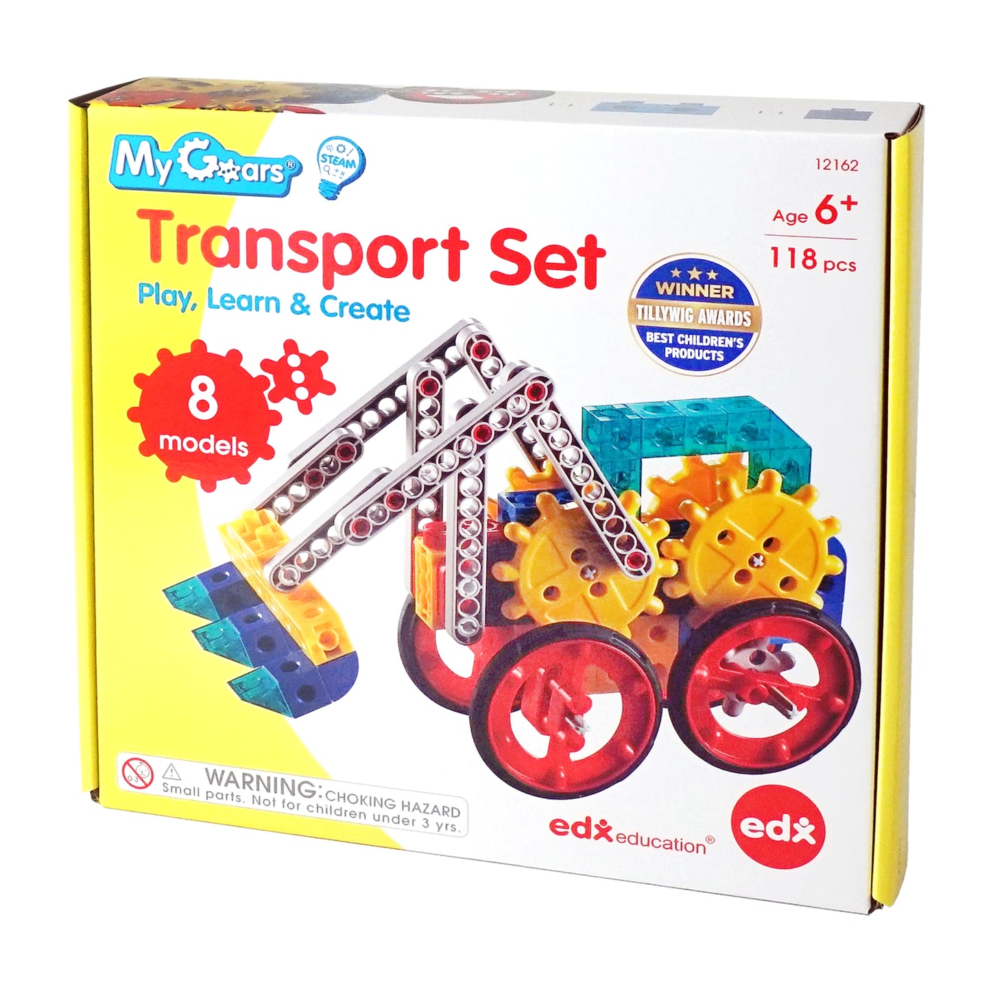 Packaging of Edx Education My Gears Transport Set showing 8 model builds, 118 pieces, and age 6+ label – STEM construction toy for kids